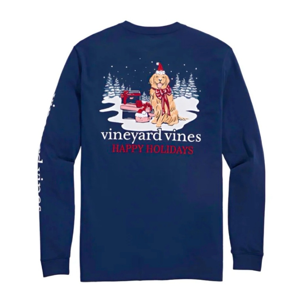 Vineyard Vines “Happy Holidays” Golden Retreiver Dog Long Sleeve Pocket Tee